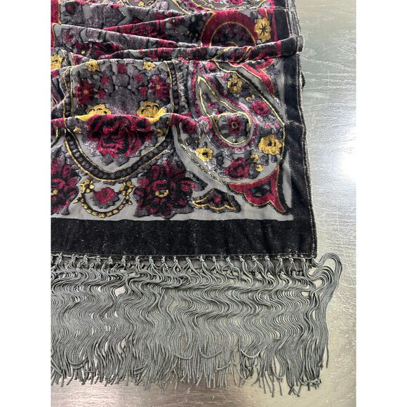 Vtg Shawl -70 x19"- Crushed Velvet Burnout- Red Black Gold fringe whimsigoth - Picture 14 of 15